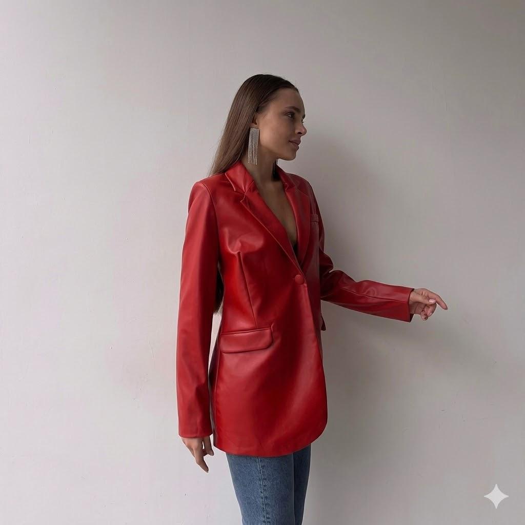 Klasické knoflíky Stylové párty sako Kůže Červená Pravá jehněčí kůže Ručně šitá Dámské