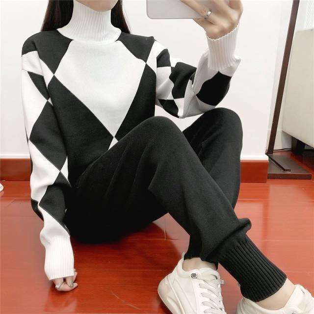 Damen Frühling und Herbst Color Clash Set Karierter Langarmpullover + Jogginghose Zweiteiliges Set