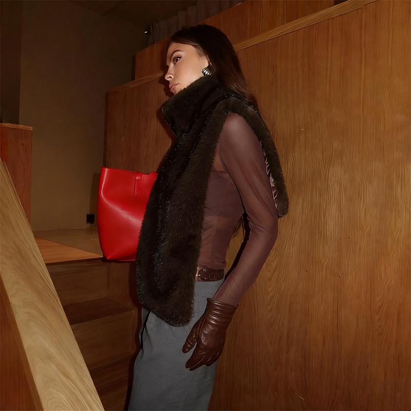 Fashion Faux Fur Sable Vest Crop Top Autumn Winter Turtleneck Eco Mink Fur Tank Tops Sleeveless Jacket Coat