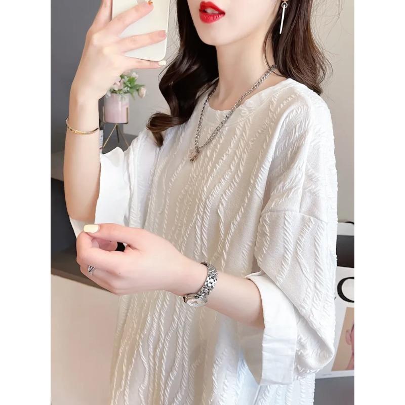 High-end Short-sleeved T-shirt for Women In Summer Mid-length Korean Style Loose Plus Size Women's Niche Half-sleeved Three-sleeved Sleeve Top