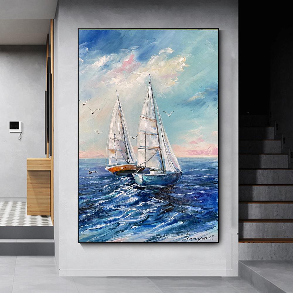 Abstract Ship Canvas Painting Sailing Wall Art Sail Boat Wall Art Seaside Wall Decor Sea Sunset Poster Living Room Decor Unframe