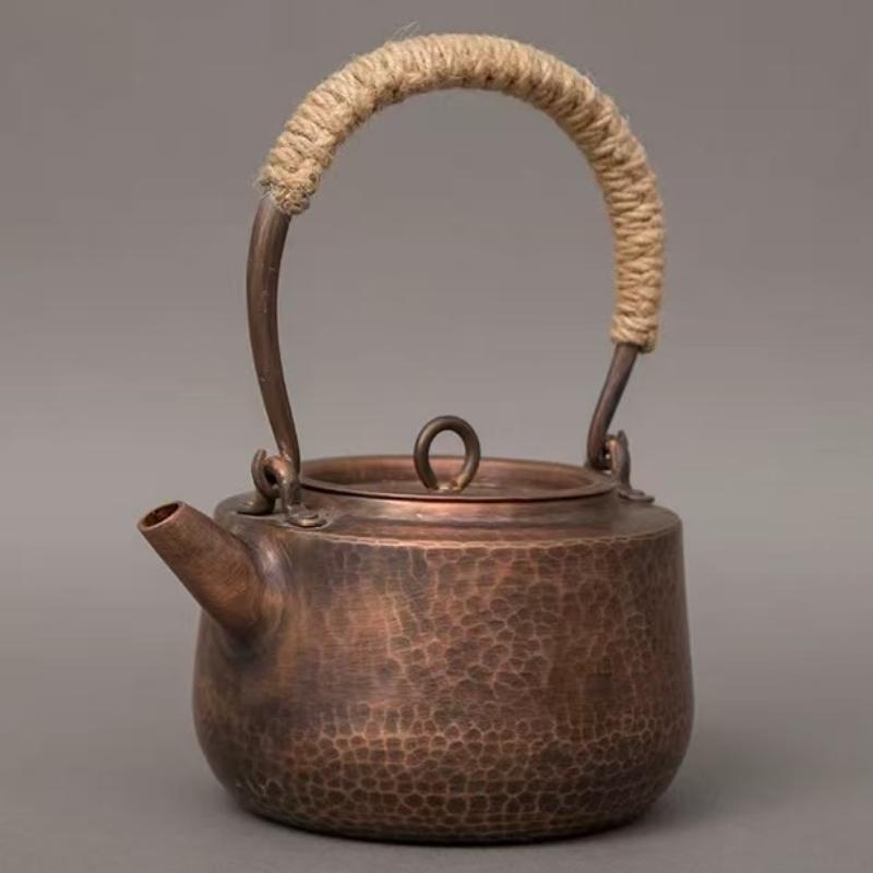 Vintage Copper Boil Water Kettle,Handcrafted Hammer Texture Weave With lid Handheld1.5 L Coffee Pot,Heat Resistant Filter Teapot