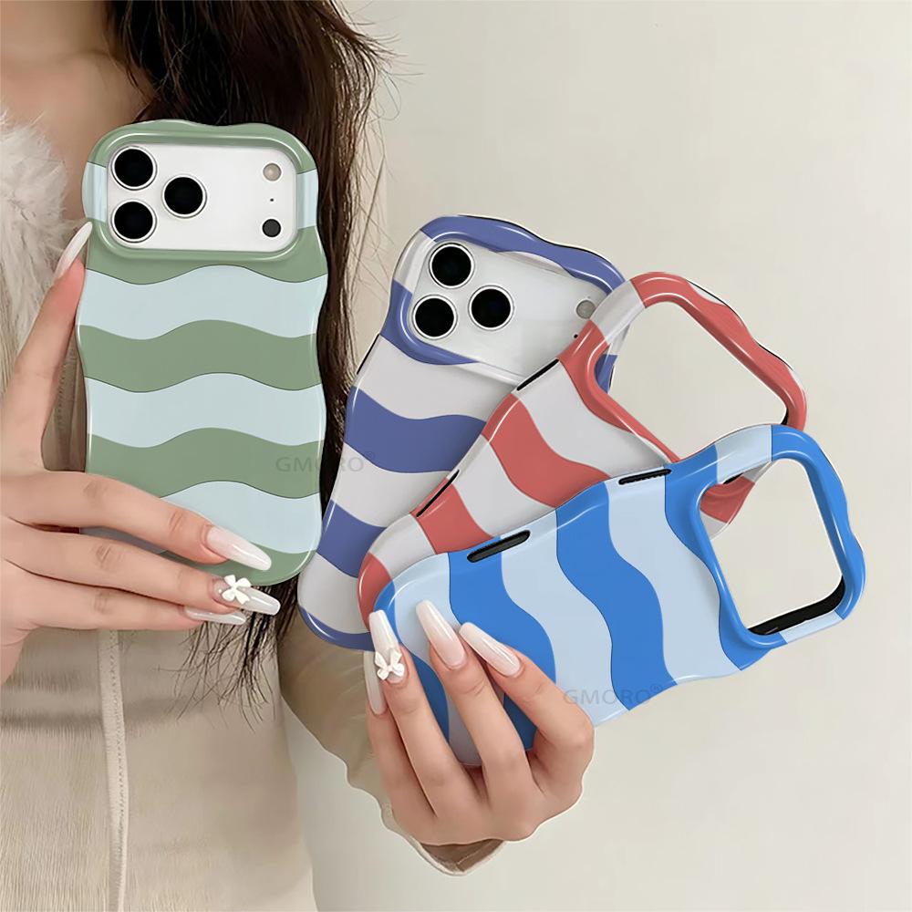 Summer Limited Contrasting Color Wavy Striped Mobile Phone Case iPhone16PROMAX Anti-drop Protective Case 2-in-1 Film