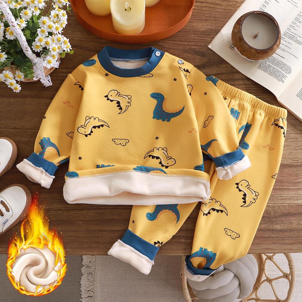 Ropa de invierno para niños, conjunto de ropa interior térmica, además de terciopelo, ropa gruesa para bebés y niñas, traje de pijama para niños