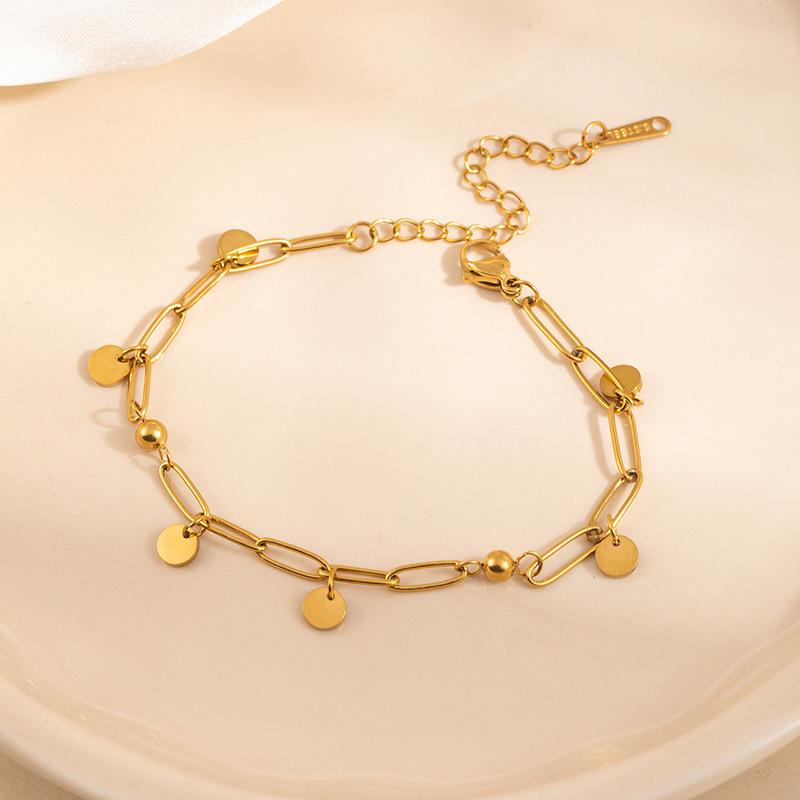 Stainless Steel Oval Patchwork Bracelet with Round Bead & Plate Pendant for Women – Luxury, High-End Feel
