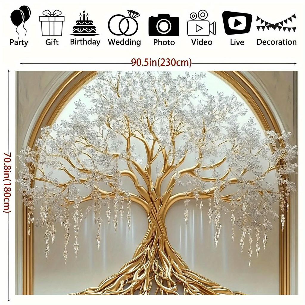 Oversized White Life Tree Wall-mounted - Elegant Polyester Decoration with Golden Branches and White Flowers