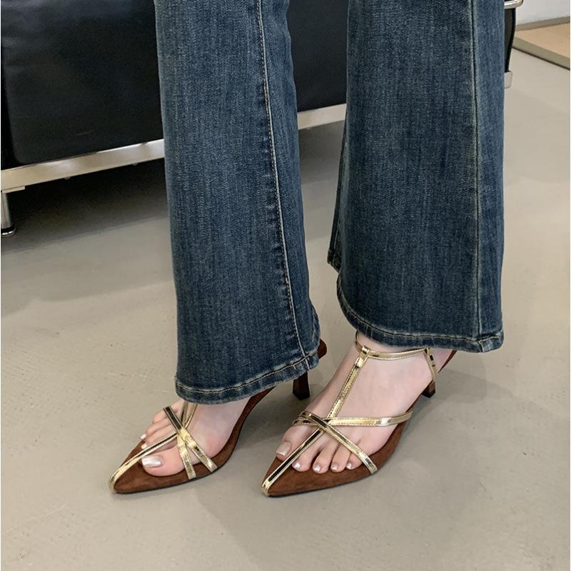 

New with skirt style open-toed thin strap pointed cool slippers medium heel fashionable versatile one-button sandals 39 белый