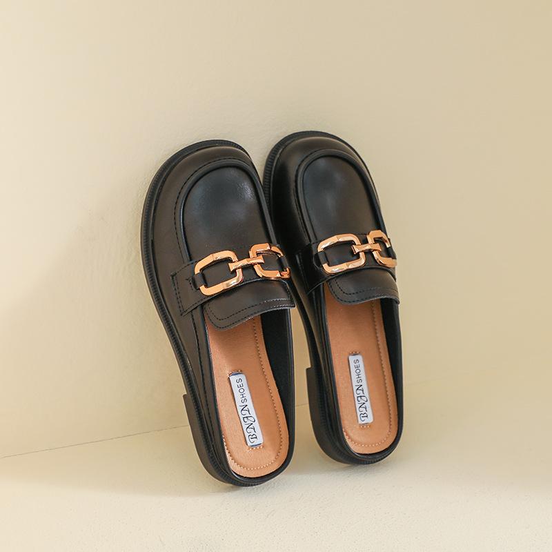Baotou Half-drag Women's Summer Wear Spring and Autumn Single Shoes Retro Soft-soled Small Leather Shoes Large Size Women's Shoes