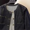 Women's High-End Denim Jacket with Structural Line Design & Roll-Up Sleeves - Short Fit