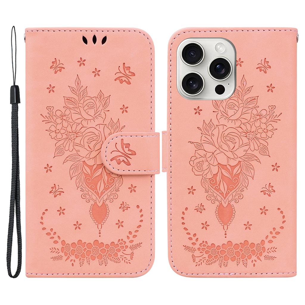 For iPhone 16 Pro Max Wallet Case PU Leather Phone Cover Butterfly Flower Imprint