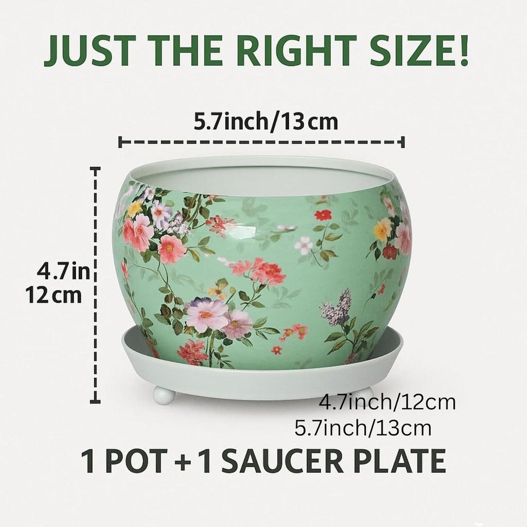 5 Inches, Lily Green Metal Plant Pot with Saucer Plate | Indoor Outdoor Home Decor Item for Garden Plants Flower, Balcony, Patio, Living Room,