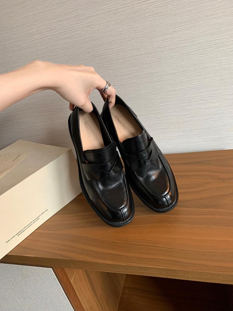 Cowhide Version~ Grape Mother Same Leather Round Head Lazy One Pedal Thick-soled British Style Versatile Loafer Leather Shoes Women