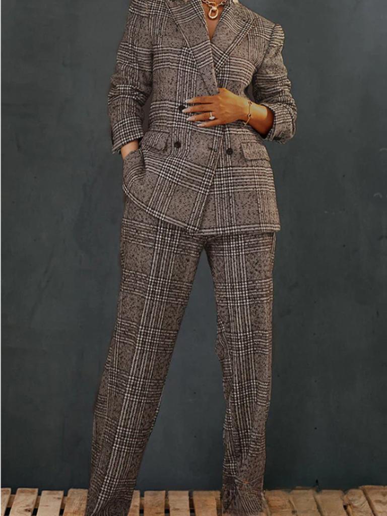 Women's Grid Coat Suit New Style Loose Fit Long Pants Set Outfit