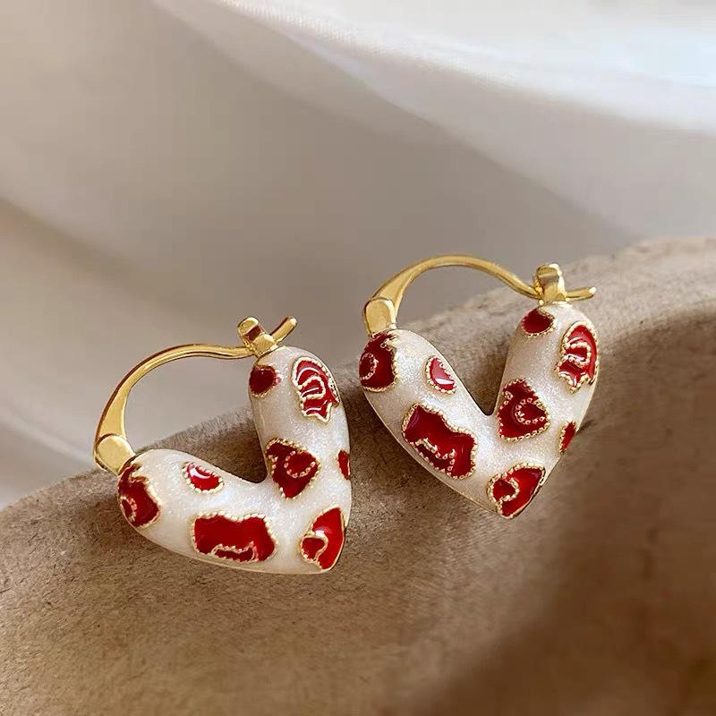 Trendy Red Enamel Heart Hoop Earrings For Women Girls Korean Elegant Love Dangle Earrings Jewelry Gift