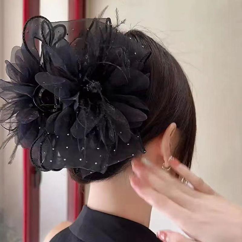 Mesh Lace Black Feather Ribbon Bow Hair Claws Hairpin Big Ponytail Holder Hair Clips Hair Accessories For Women