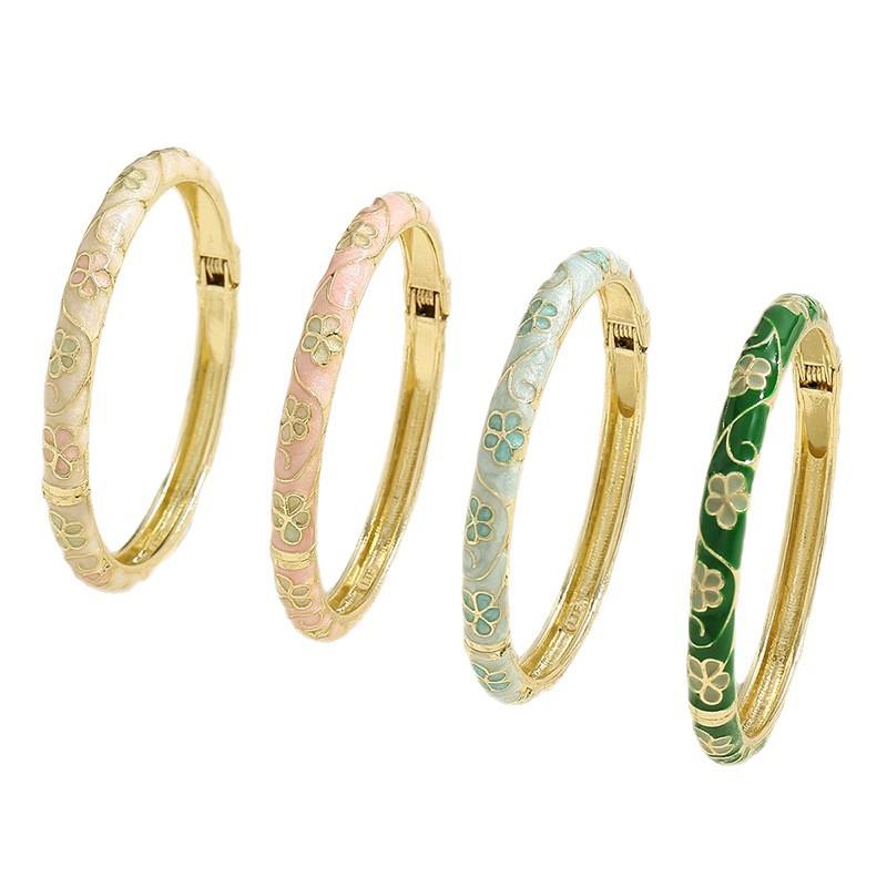 Retro Floral Enamel Open Bangle, Light Luxury Vintage Garden Cloisonne Bracelet