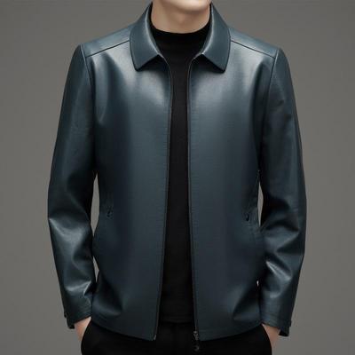 Genuine Leather Jacket Men's Autumn and Winter Clothing Plus Velvet Lapel Business Casual Sheepskin Top Middle-aged Thin Leather Jacket