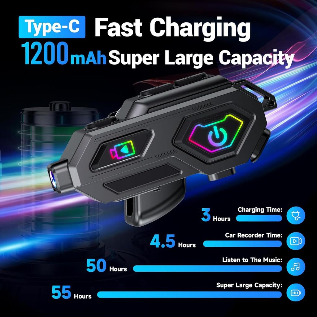 IPX6 Motorcycle Bluetooth 5.3 Intercom 1080P Dashcam 120° Camera 50H Battery