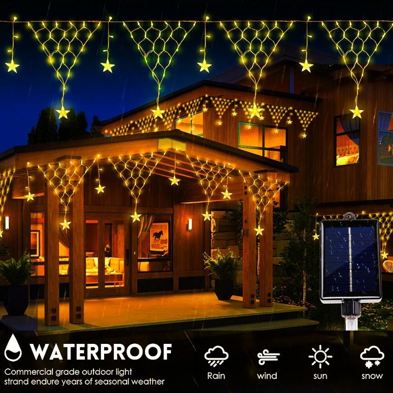 Outdoor Solar Icicle Pentagram String Lights 8 Lighting Modes Waterproof for New Year Christmas Garden Patio Staircase Holiday Decorative Lamps