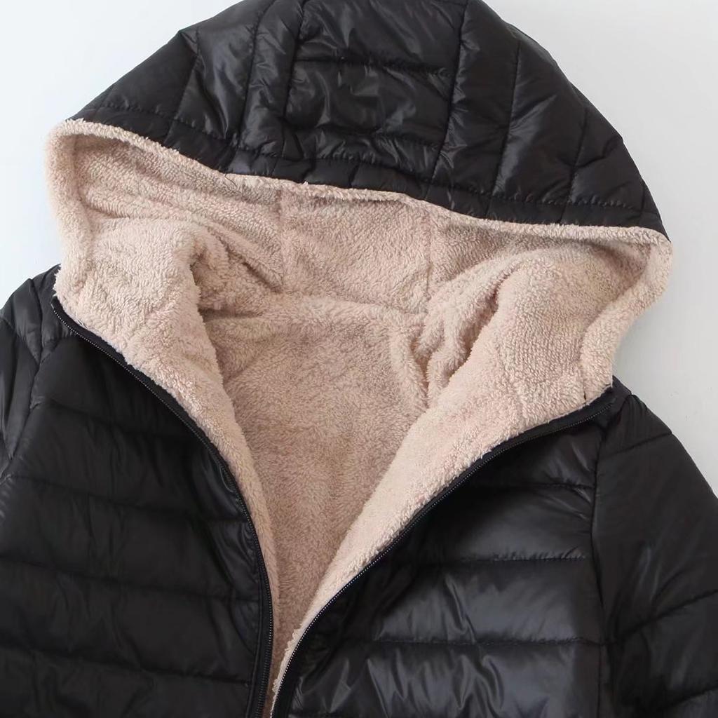 Women's Mid Length Autumn and Winter Plush Warm and Slim Fitting Cotton Jacket, Women's Oversized Casual Hooded Jacket