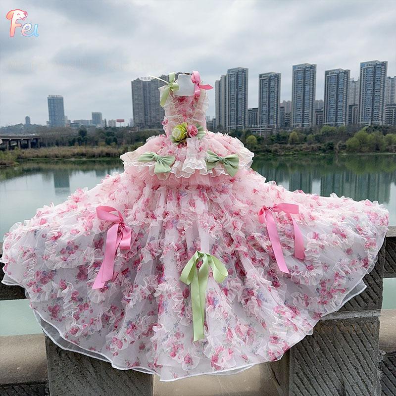 2026 Pet Dog Clothes Luxury Pure Handmade Fashion High-end Pink Roseflower Lace Tail Long Dresses For Small Medium Dog Chihuahua