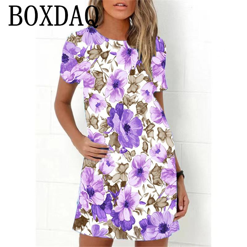 Blue Flower Print Women Dress Elegant Sweet Casual Short Sleeve Loose A-Line Dress Oversized Summer Beach Dress Female Sundress