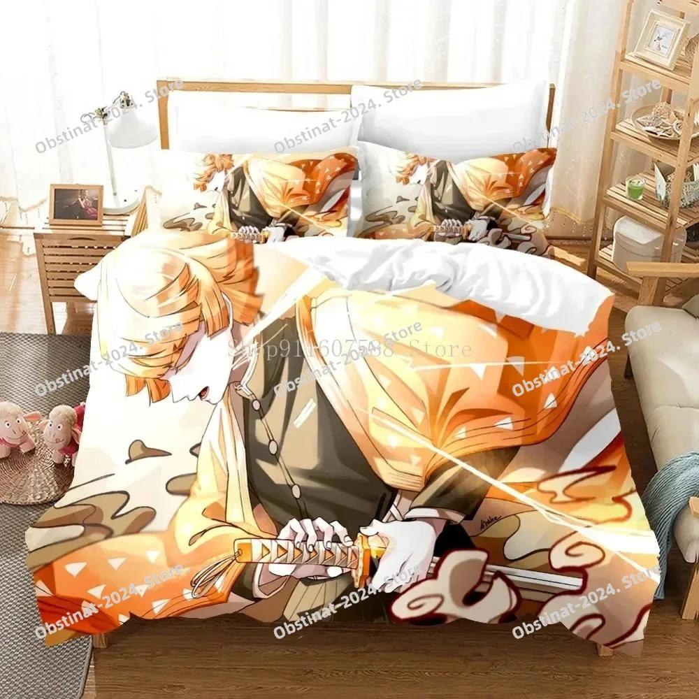 Zenitsu Agatsum Demon Slayer Bedding Sets Japan Anime Printed Bed Set Duvet Cover Pillowcase Linen Sheet Quilt Cover Full Size