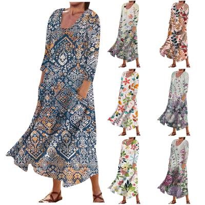 Women's Fashion Casual Print Round Neck 3/4 Sleeve Loose Pocket Dress