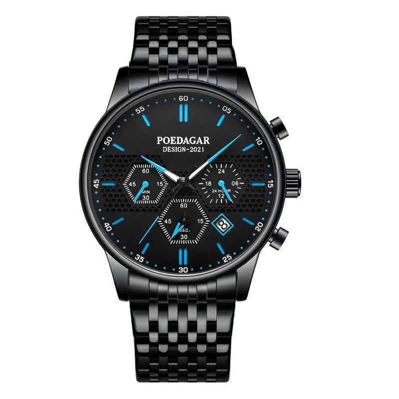 Swiss Brand Men s Multifunctional Waterproof Luminous Quartz Watch 635 Black Shell Blue Needle Steel Band синий