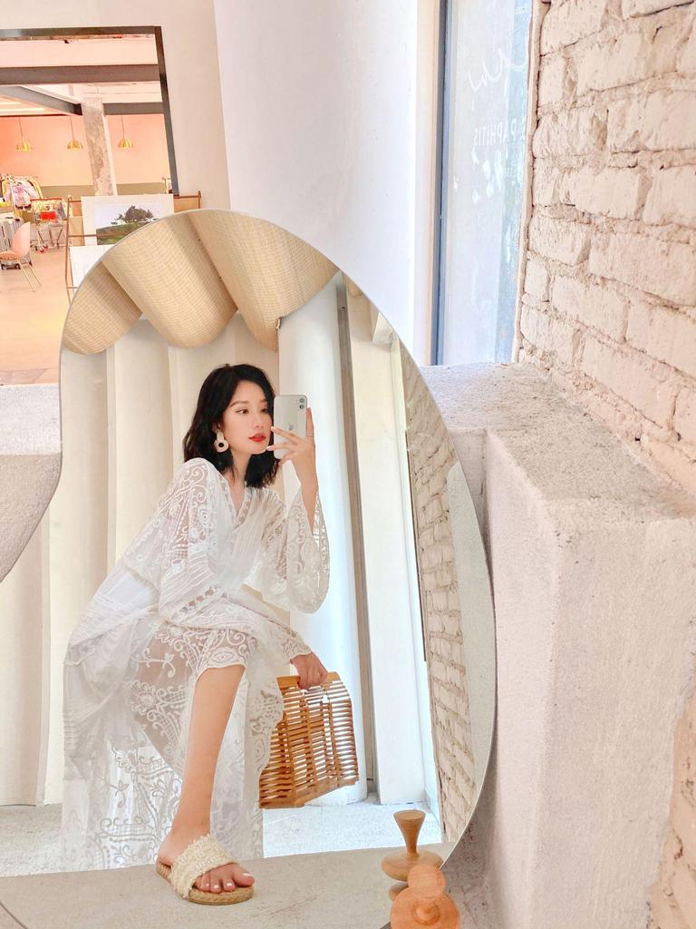 2025 Summer White Bell Sleeve Embroidered Lace Fairy Dress - Loose, High Waist