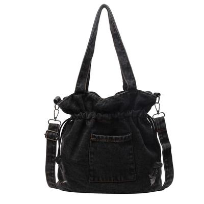 Harujio Denim Drawstring Shoulder Tote Bag, 2-Way, Unisex, Large Capacity, Mini Bag, Pochette, Shoulder Bag, Crossbody Bag, Stylish, Simple, Casual,
