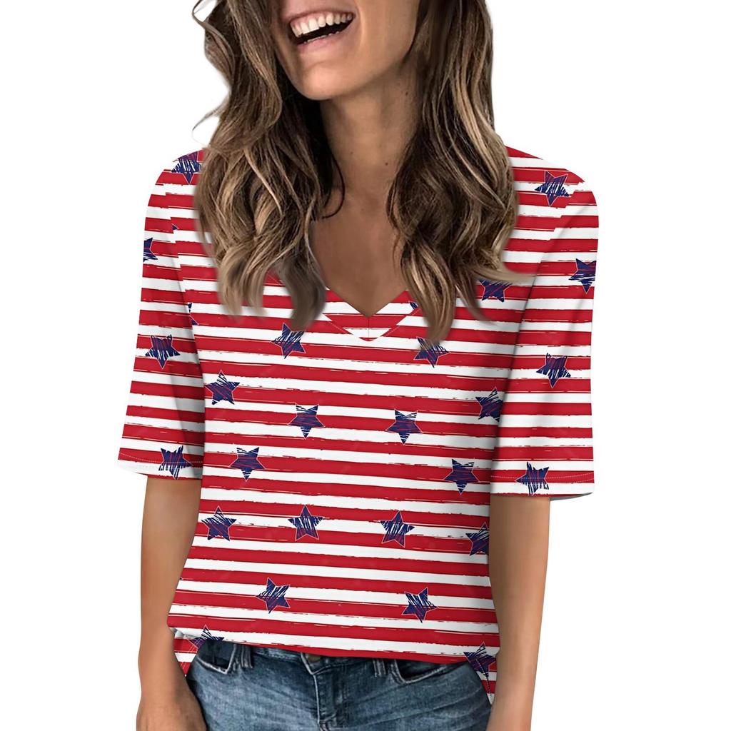 Women's V Neck T Shirts Half Sleeve Tops Printed Casual Summer Tees T Shirt Blouse