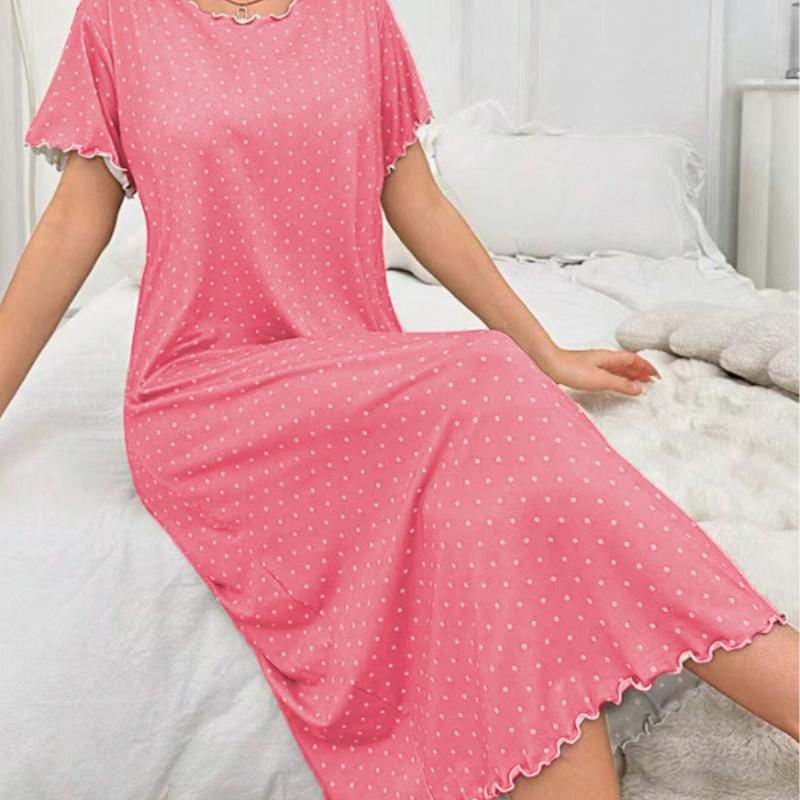 

Ночное домашнее платье с коротким рукавом в новый горошек, с черной отделкой ушек. Удобное и струящееся платье M темно-розовый