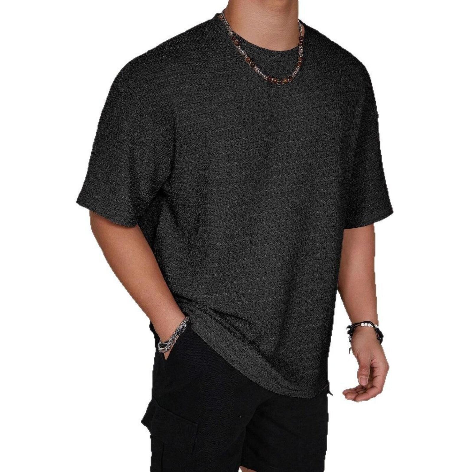 

Men s Casual Round-neck -color Short-sleeved Plaid Cutout Top XL чорний