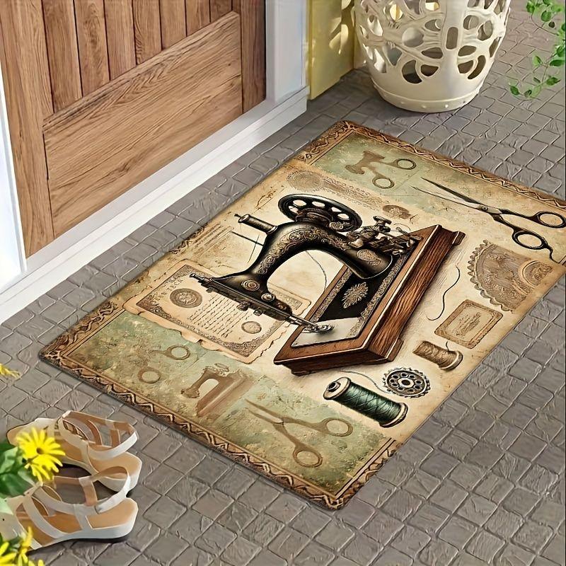 Vintage Sewing Machine Design Area Rug Non-Slip Flannel Carpet for Home Office Living Room Bedroom Decor Floor Mat