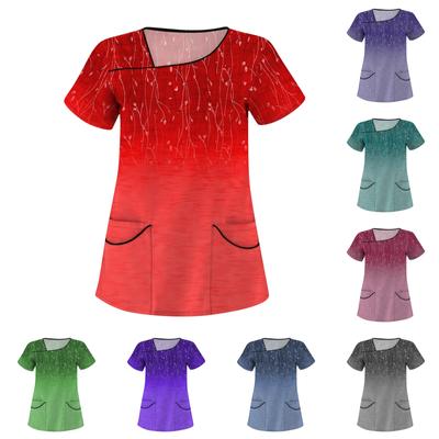 Lässiges Workwear-Oberteil für Damen mit Blumendruck, kurzen Ärmeln, schrägem Kragen und zwei Taschen