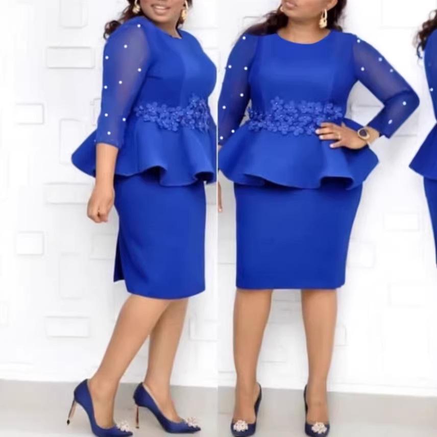 Женское элегантное двухкомпонентное платье большого размера с сетчатыми рукавами и оборками 3XL синий