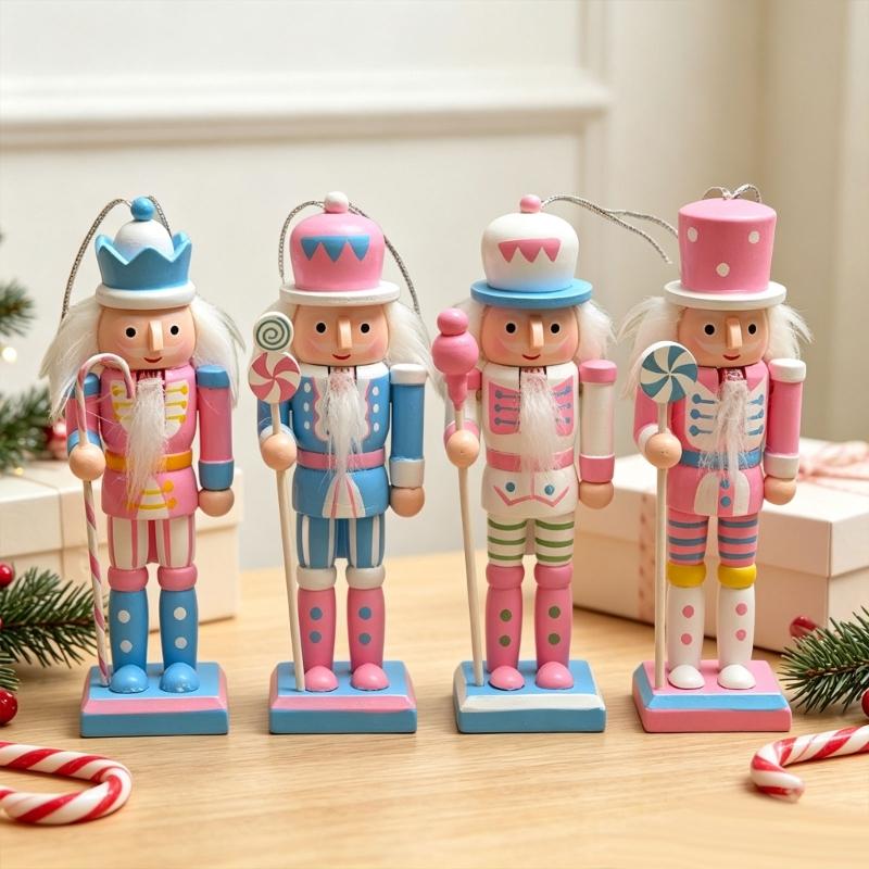 Set of 4 Christmas Character Figures Pink Blue Wood Figures Wall Hanging Ornament for Tree Display, Wreath Styling, Room Display, and Gift Package