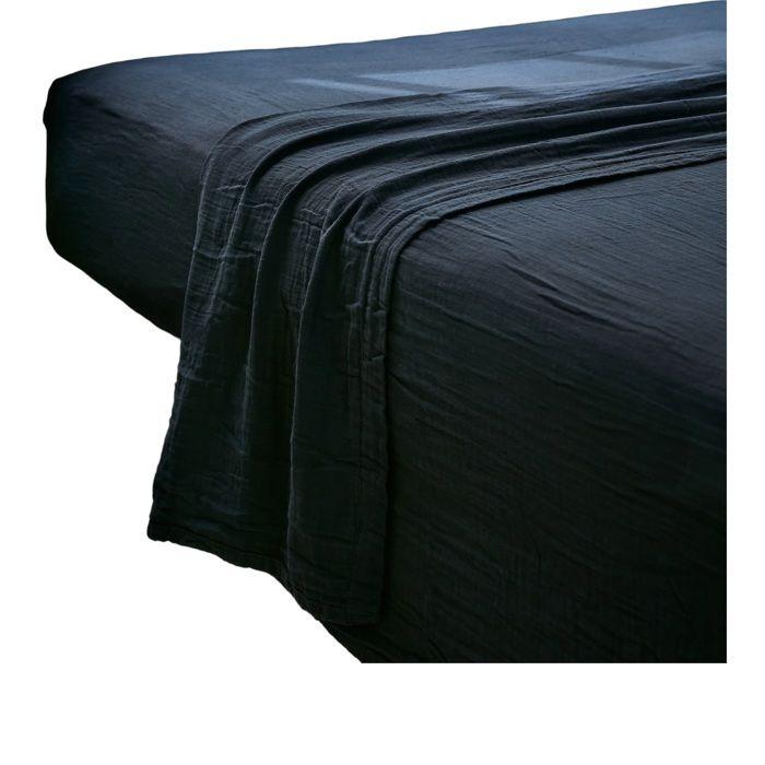 Drap plat - Gaia - 240 x 300 cm - 100% gaze de coton - Bleu marine - Lavable