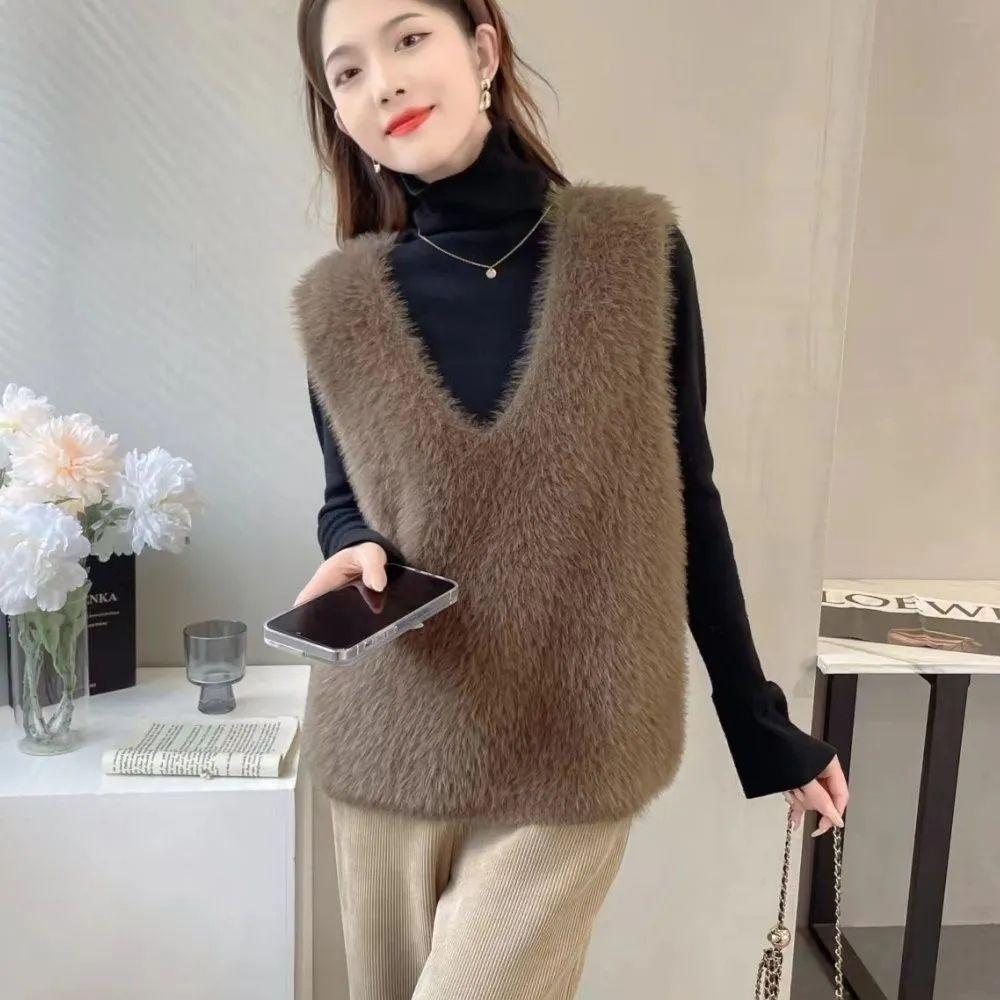 Autumn Winter Faux Mink Knit Vest Sweater Women Sleeveless Loose Short Outerwear Korean Style Fashionable