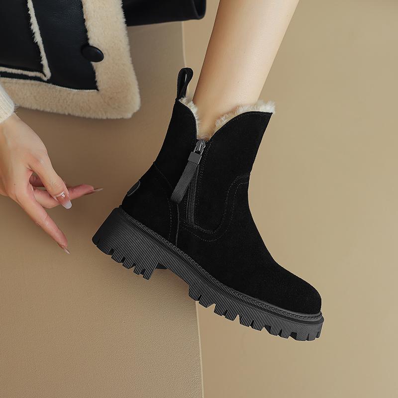Fashion Warm 2025 Snow Boots Wool Genuine Leather Cow Suede Thick High Heels Zipper Ankle Boots Punk Short Platform Boots Shoes