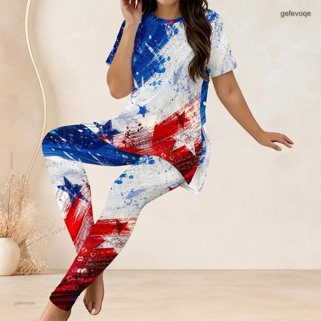 Women Plus Size Two Piece Set Round Neck Short Sleeve Star Stripe Printed Long Top Fitted Pants