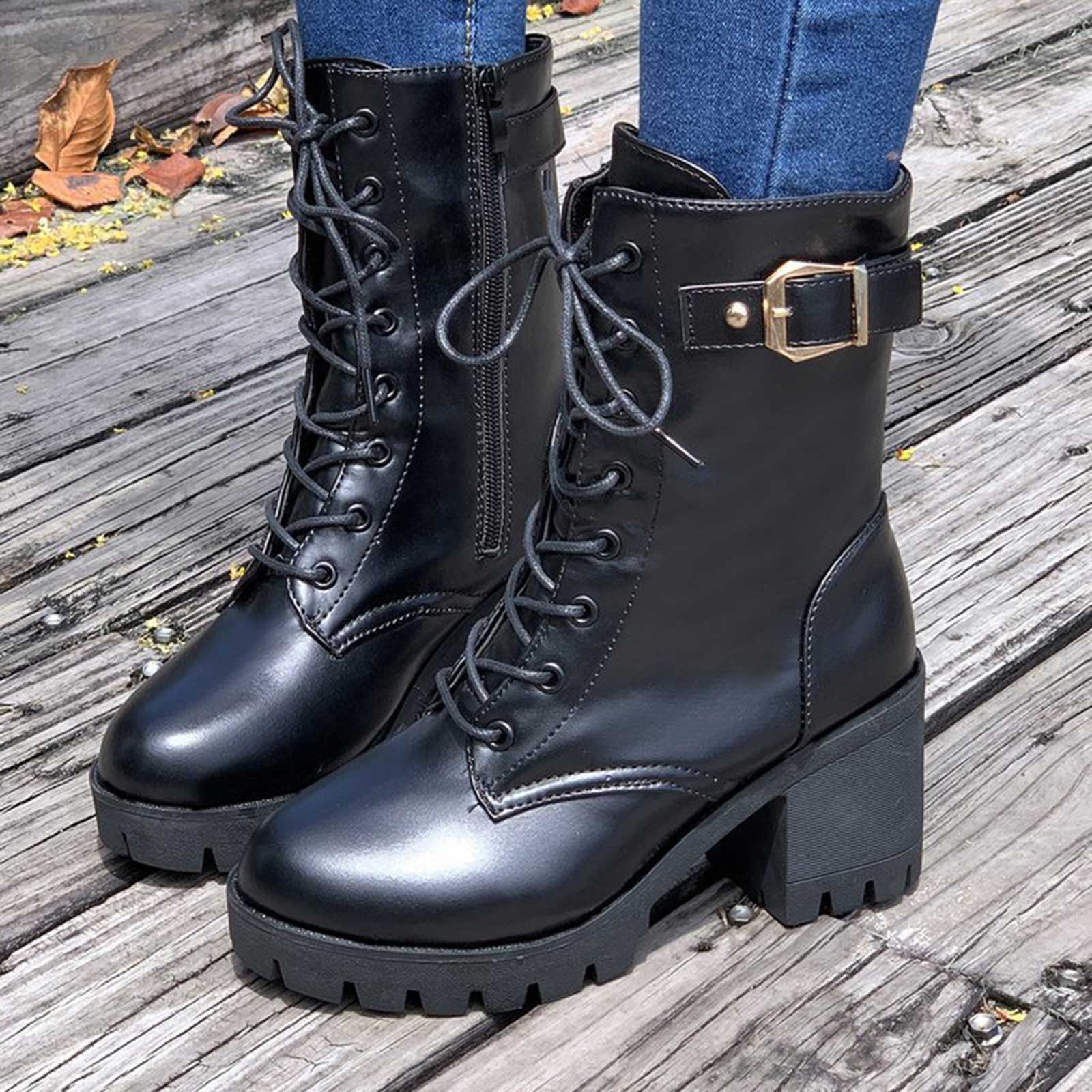 

Модные и универсальные ботильоны до середины икры для женщин Высокие кожаные ботинки на толстом каблуке для Джинсовые ботинки для женщин с широким голенищем 37 чёрный