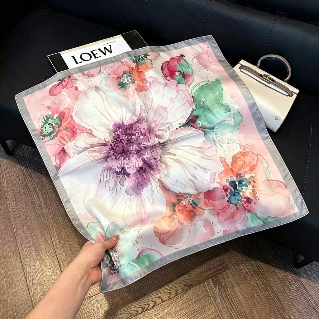Sen green flower print fresh imitation silk scarf premium versatile square scarf neck protection scarf trendy headscarf scarf women