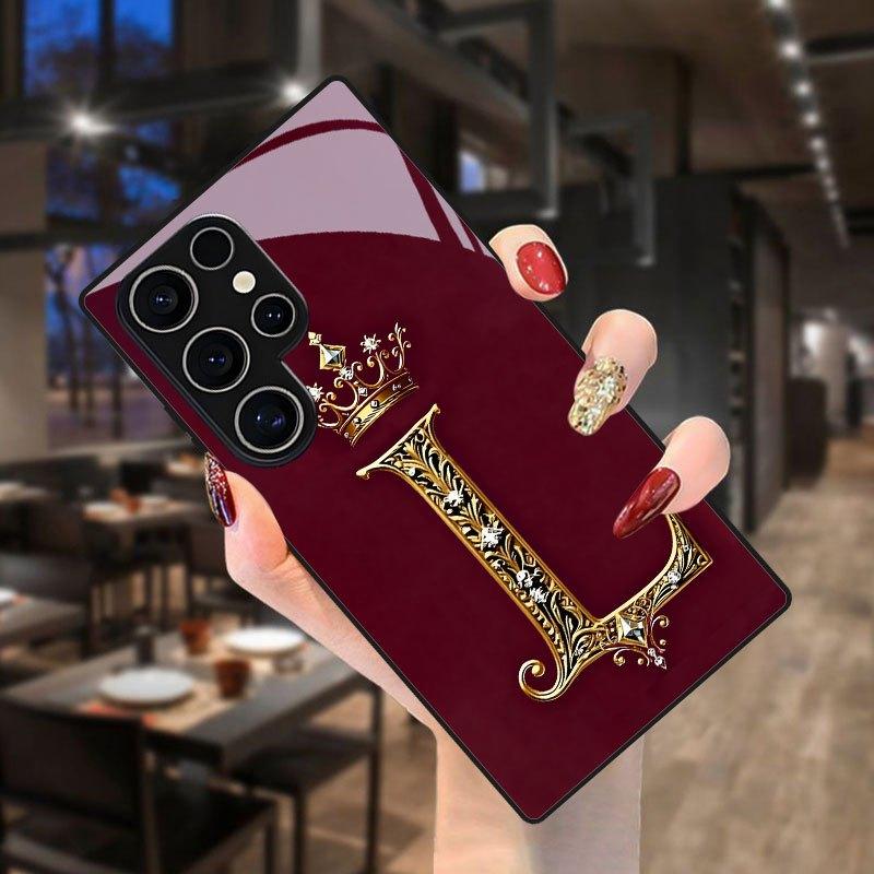 Gold Crown Letter L Pattern Glass Phone Case for Samsung Galaxy S26 S25 S24 S23 S22 S21 S20 FE Ultra Plus 5Ganti-fall Back Cover