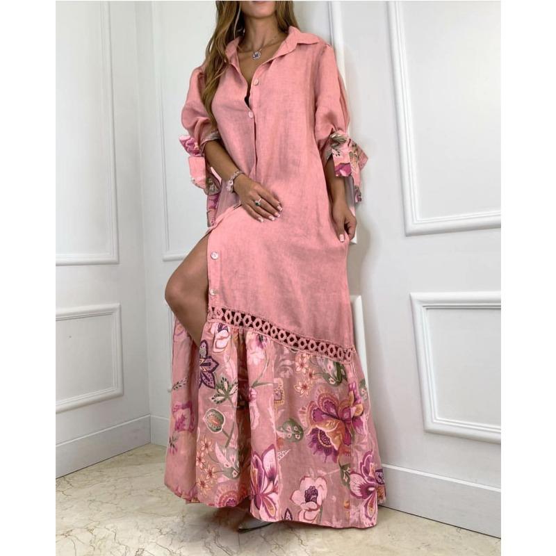 Sieben Zehntel Damen Patchwork Spitze Hemdärmel Kleid Lang