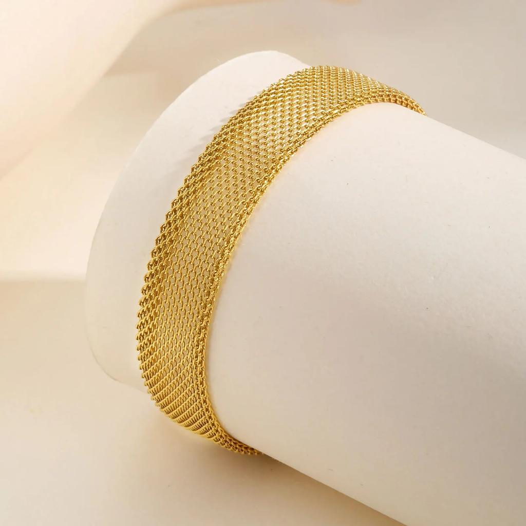 Vintage Mesh Link Stainless Steel Bracelet for Women,Gold Color Thick Chain Wrist Bracelet, Fashion Luxury Waterproof Zircon