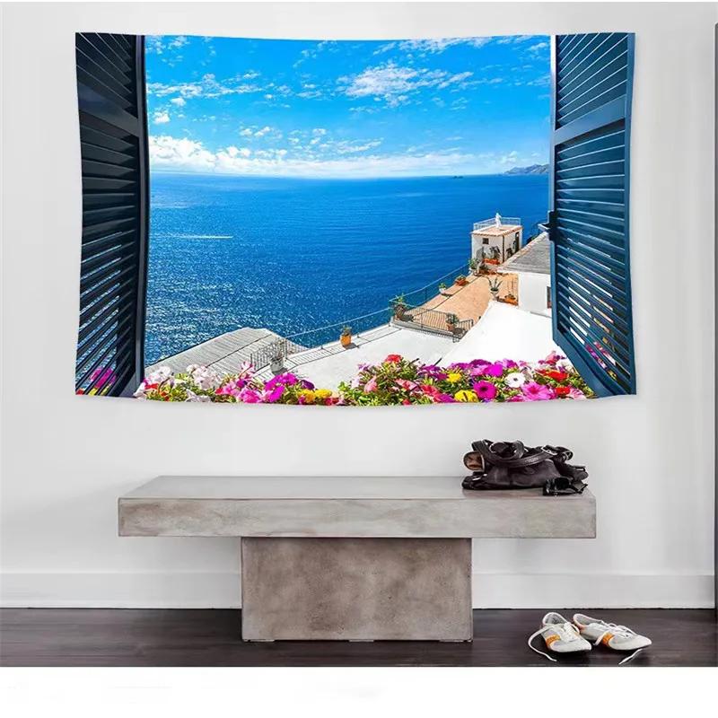 Green Nature Sea Boho Minimalist Art Large Tapestry Curtain Aesthetic Window Landscape Tapestries Wall Hanging Decor Tapestry