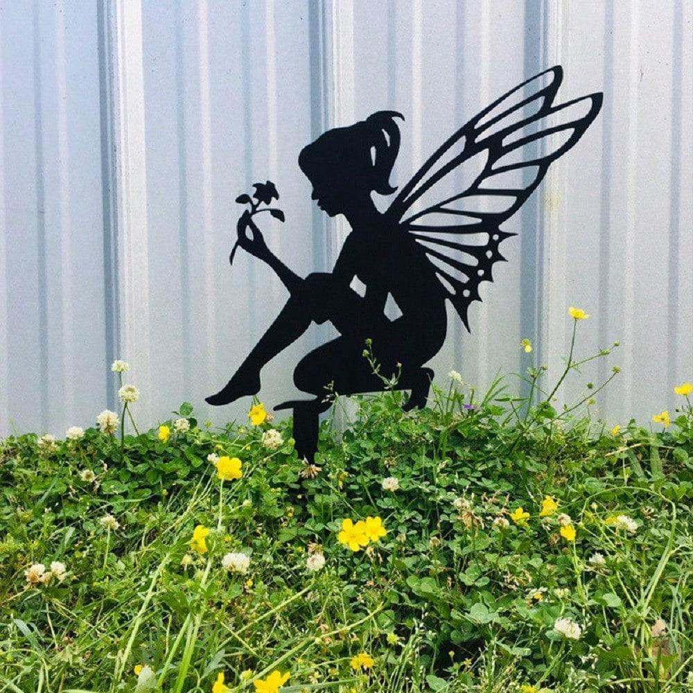 Wrought Iron Fairy Silhouette Statue Outdoor Garden Butterfly Decor Metal Art Lawn Ornament for Home Yard Patio