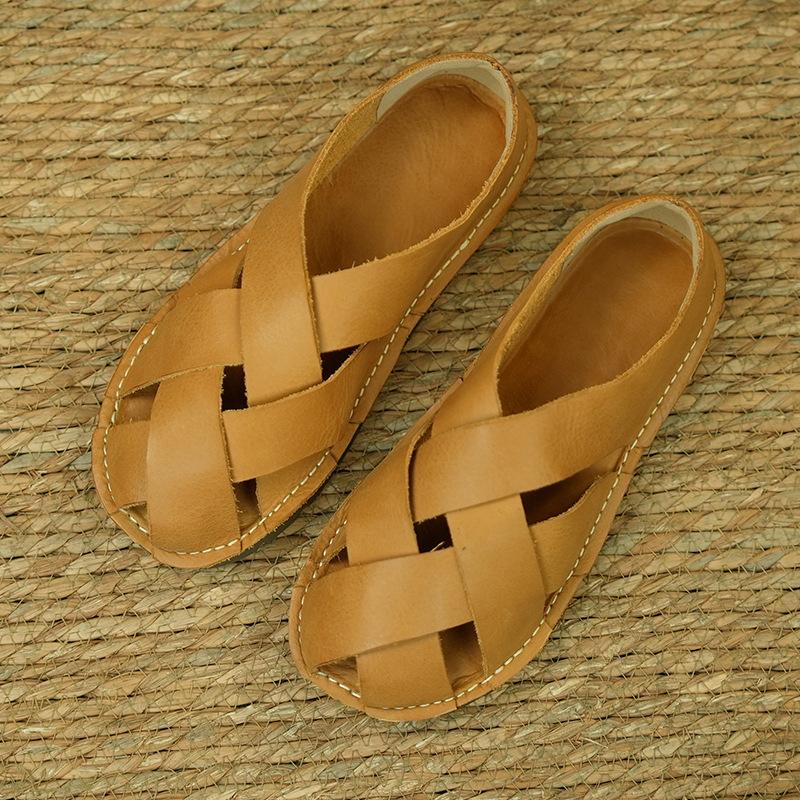 

Кожаные сандалии женские новые первый слой коровьей кожи плетеные ретро ручной работы хлопок и лен женская обувь на плоской подошве одинарная обувь дышащая 39